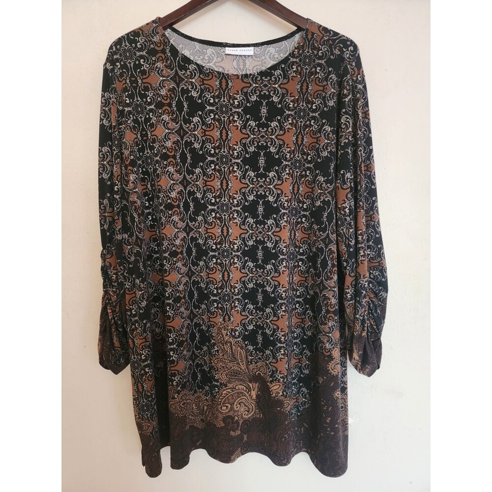 Susan Graver Womens 3X Paisley Scroll Liquid Knit Top Tunic Blouse Black Brown